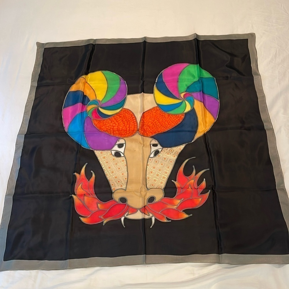 Hand painted art scarf colourful rainbow bull head with black
